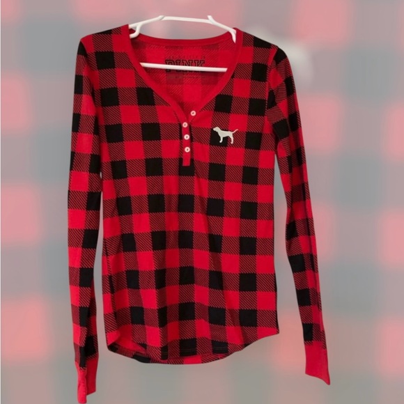Victoria Secret Pink Cozy I Only Sleep Buffalo Plaid Waffle Sleep Shirt Top New - Picture 6 of 12